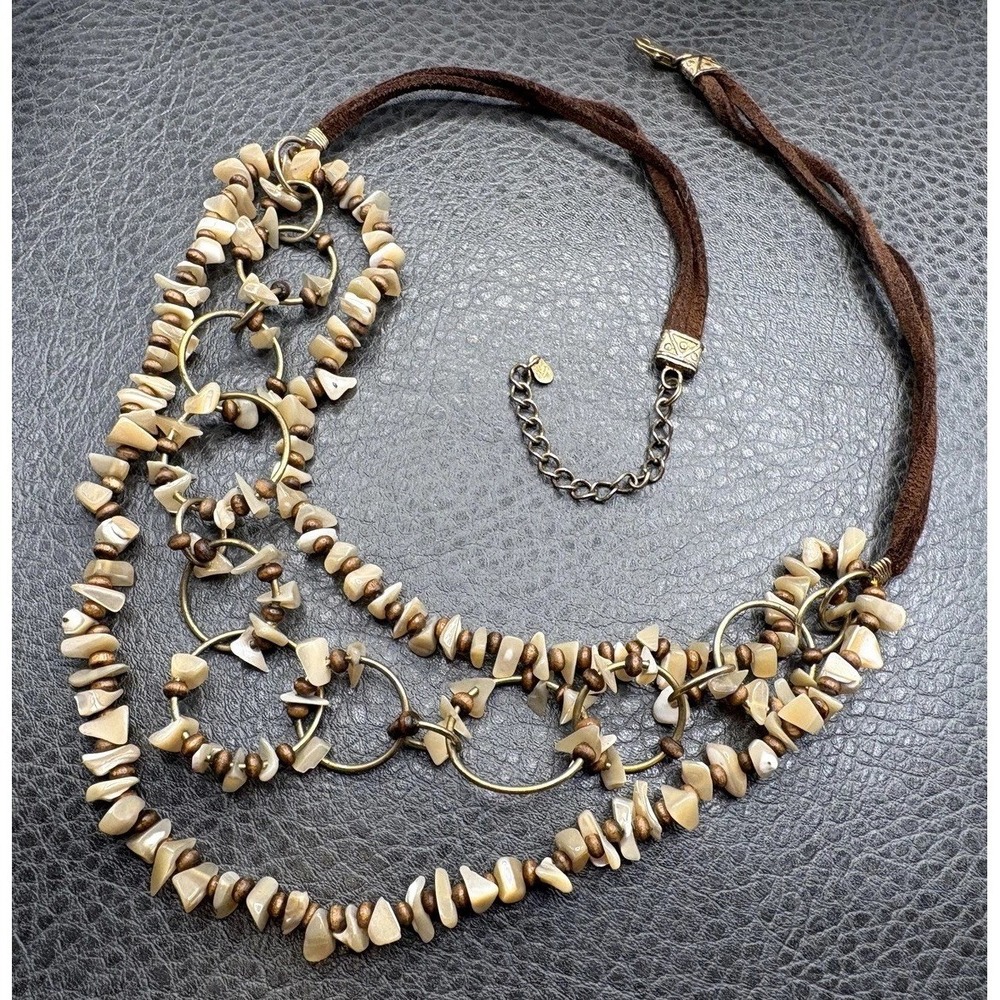 VTG Lucas Lameth MOP Shell Bead Sterling Silver Bib Leather Cord Necklace Y2K